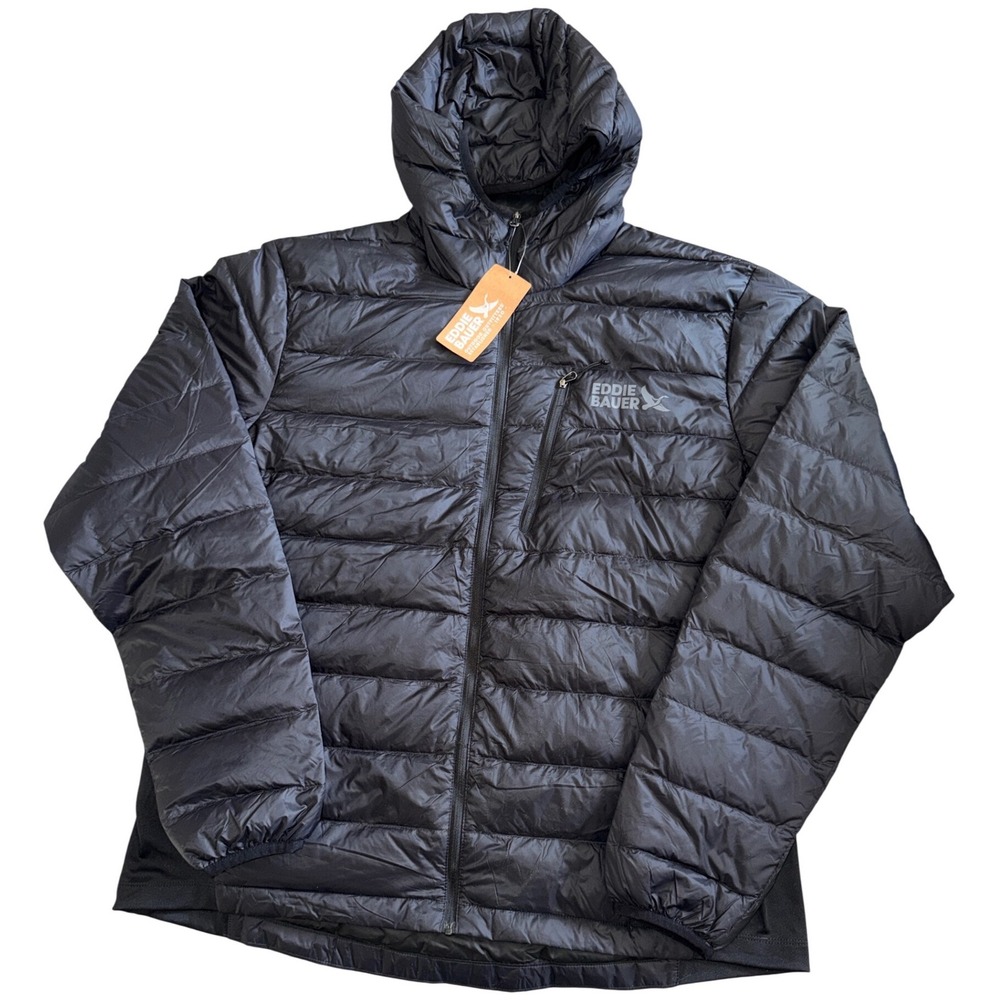 NWT Eddie Bauer Mens Black Down Puffer Jacket Hooded 550 Fill 1231 Large NEW